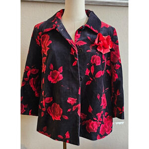 Talbots Blazer Sz 14WP Petite Velvet Black Red Rose Floral Jacket Blazer 3/4 sle
